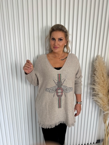 Dámský dlouhý oversize béžový svetr Claudie s třásněmi značky Paparazzi Fashion