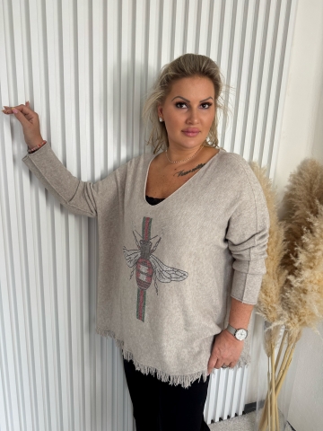 Dámský dlouhý oversize béžový svetr Claudie s třásněmi značky Paparazzi Fashion