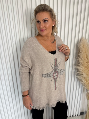 Dámský dlouhý oversize béžový svetr Claudie s třásněmi značky Paparazzi Fashion