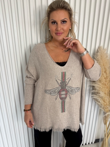 Dámský dlouhý oversize béžový svetr Claudie s třásněmi značky Paparazzi Fashion