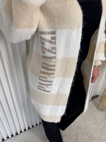 Dámský dlouhý kardigan Elba s béžovým proužkem značky Paparazzi Fashion