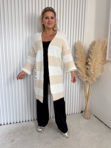 Dámský dlouhý kardigan Elba s béžovým proužkem značky Paparazzi Fashion