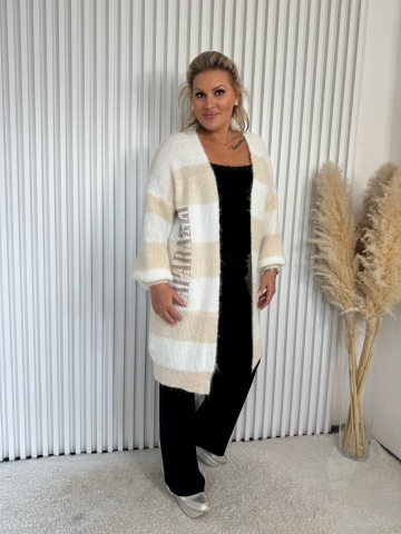 Dámský dlouhý kardigan Elba s béžovým proužkem značky Paparazzi Fashion