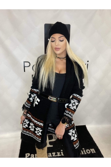 Dámský luxusní černý kardigan Charmi se střapci a čepicí značkyPaparazzi Fashion