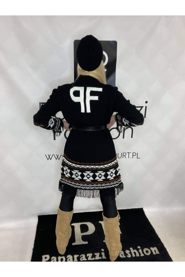 Dámský luxusní černý kardigan Charmi se střapci a čepicí značkyPaparazzi Fashion