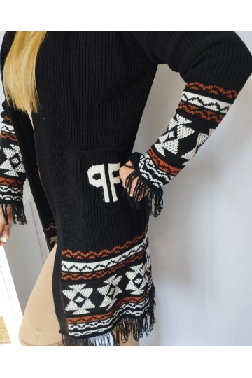 Dámský luxusní černý kardigan Charmi se střapci a čepicí značkyPaparazzi Fashion