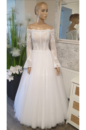 Dámské svatební dlouhé bílé šaty MELISSA s dlouhým rukávem značky BIALA SUKNIA