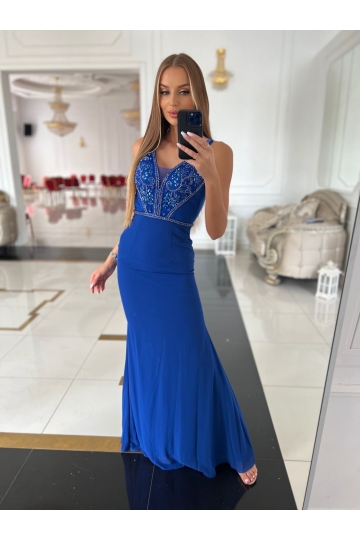 Dámské společenské dlouhé modré šaty CHANTALL na ramínka