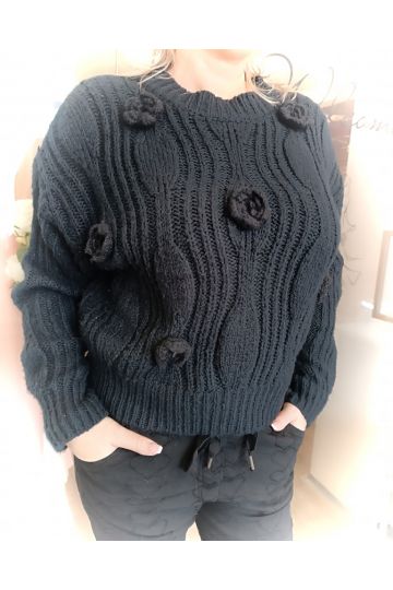 Dámský černý pletený svetr Lili s 3D květinovým vzorem, pohodlný a stylový kousek pro každodenní nošení