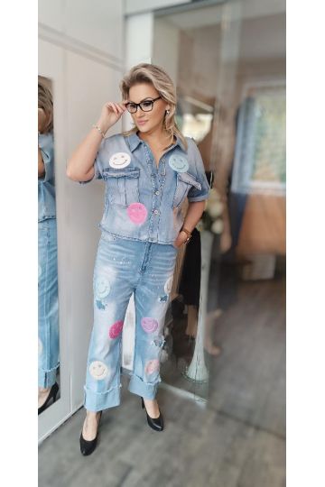 Dámské elastické rifle světle modré se smajlíky Aubrey