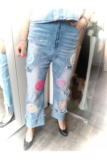 Dámské elastické rifle světle modré se smajlíky Aubrey