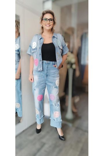 Dámské elastické rifle světle modré se smajlíky Aubrey