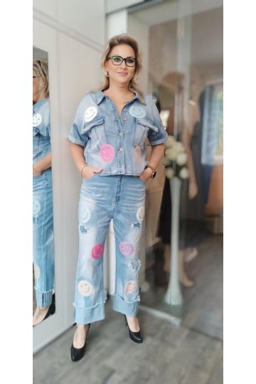 Dámské elastické rifle světle modré se smajlíky Aubrey